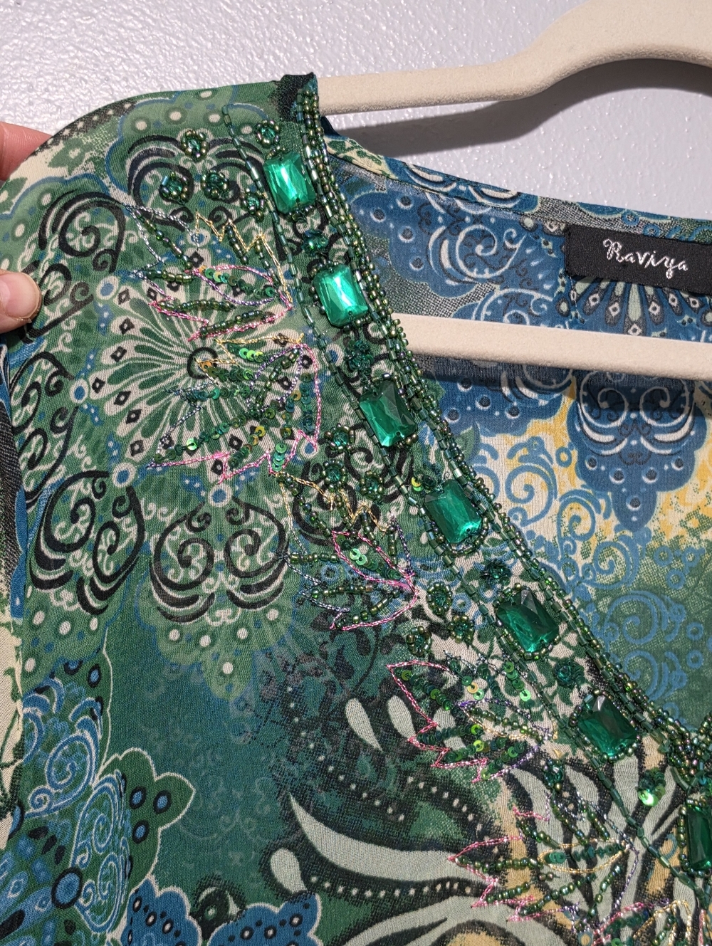 RAVIYA Tunic Blouse Womens Large Green Blue Beaded Boho Forest Fairy Bell Sleeve - Picture 5 of 14